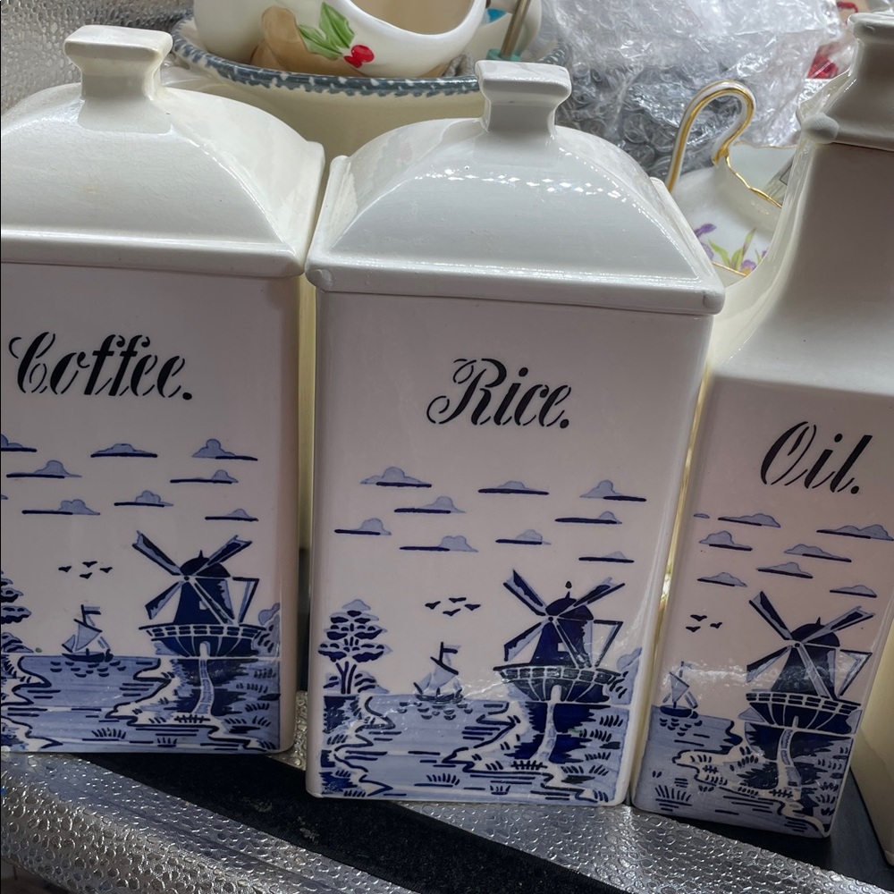 4 Vintge German Blue/White G.M.T. canisters vinegar and oil (see photos) - Picture 2 of 16